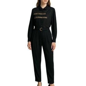 d.frank Jumpsuit Women Black Gold Embellished‎ Long Sleeve Belted Vintage